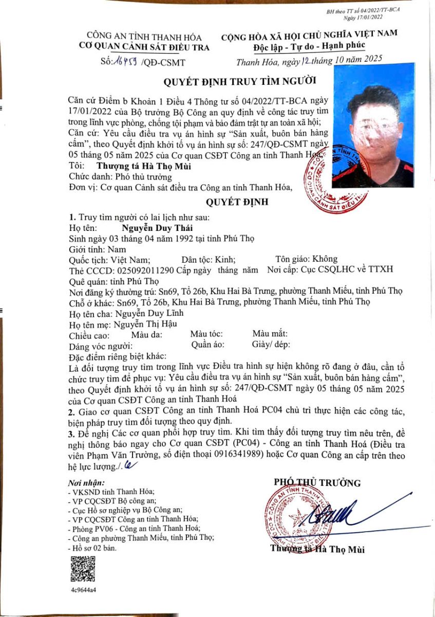 Quyết định truy tìm người số 16461/QĐ-CSMT ngày 12/10/2025 của Cơ quan CSĐT(PC04) Công an tỉnh Thanh Hóa