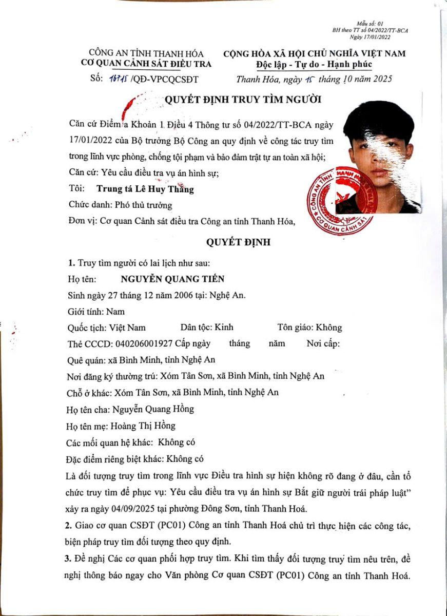 Quyết định truy tìm người số 16715/QĐ-VPCQCSĐT ngày 15/10/2025 của Cơ quan CSĐT Công an tỉnh Thanh Hóa