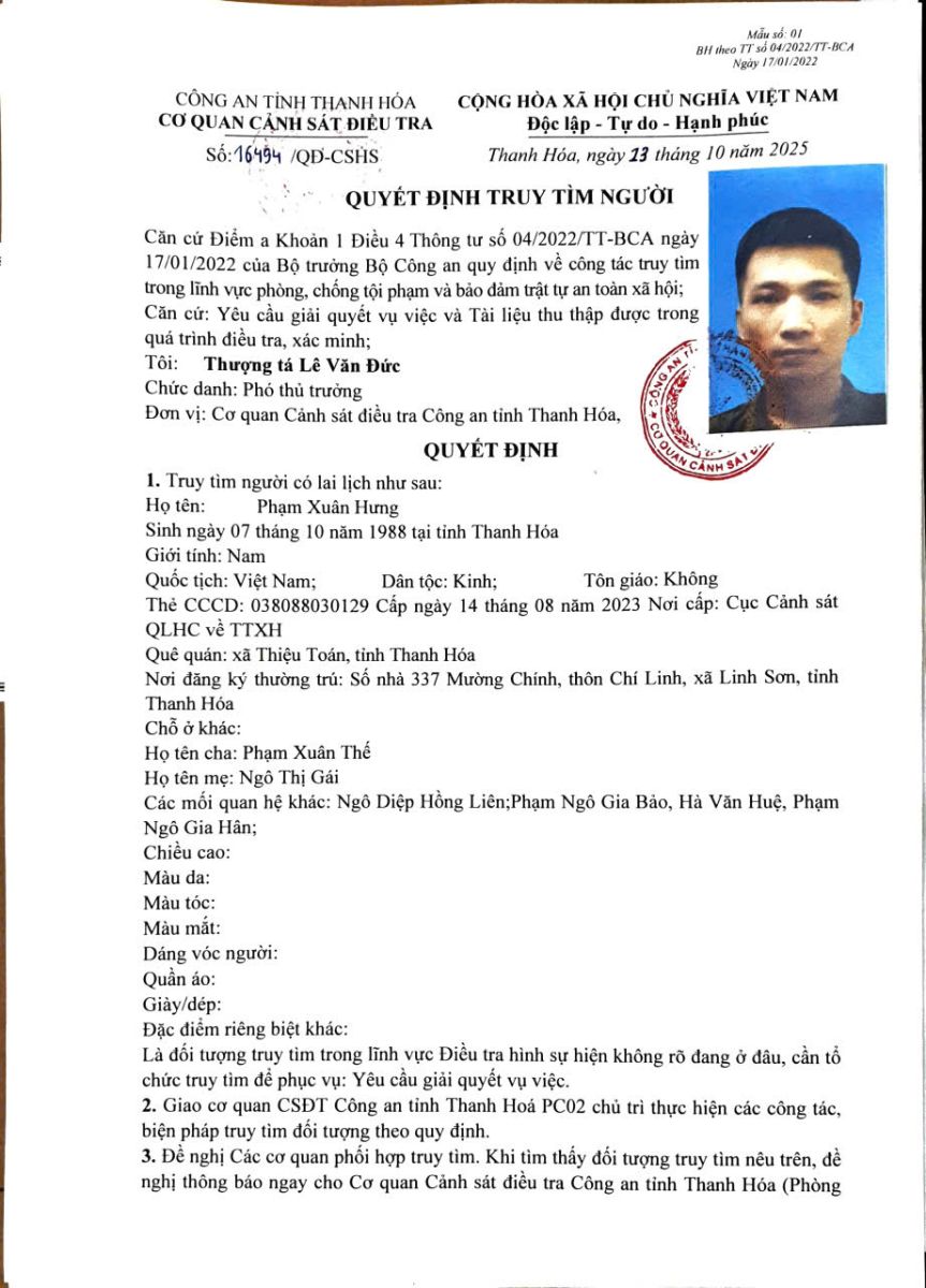 Quyết định truy tìm người số 16494/QĐ-CSHS ngày 13/10/2025 của phòng CSHS Công an tỉnh Thanh Hóa