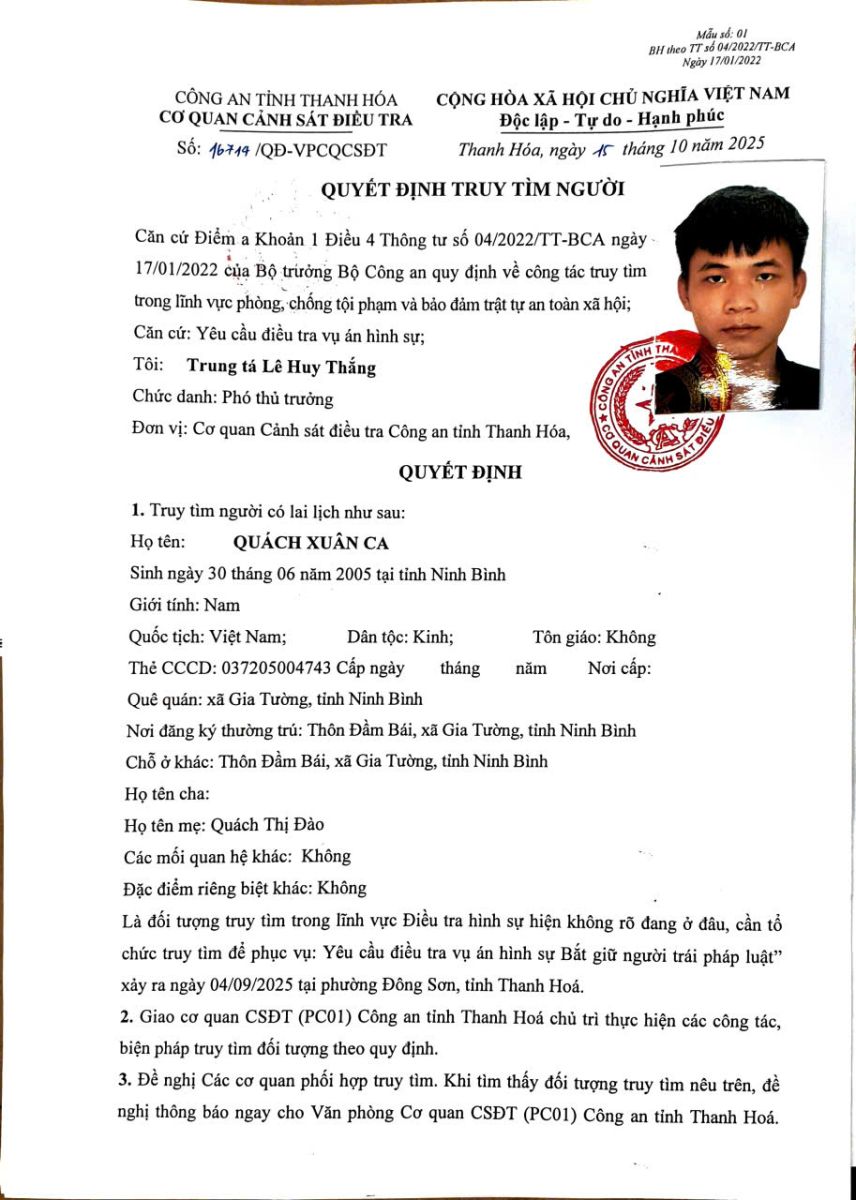 Quyết định truy tìm người số 16714/QĐ-VPCQCSĐT ngày 15/10/2025 của Cơ quan CSĐT Công an tỉnh Thanh Hóa