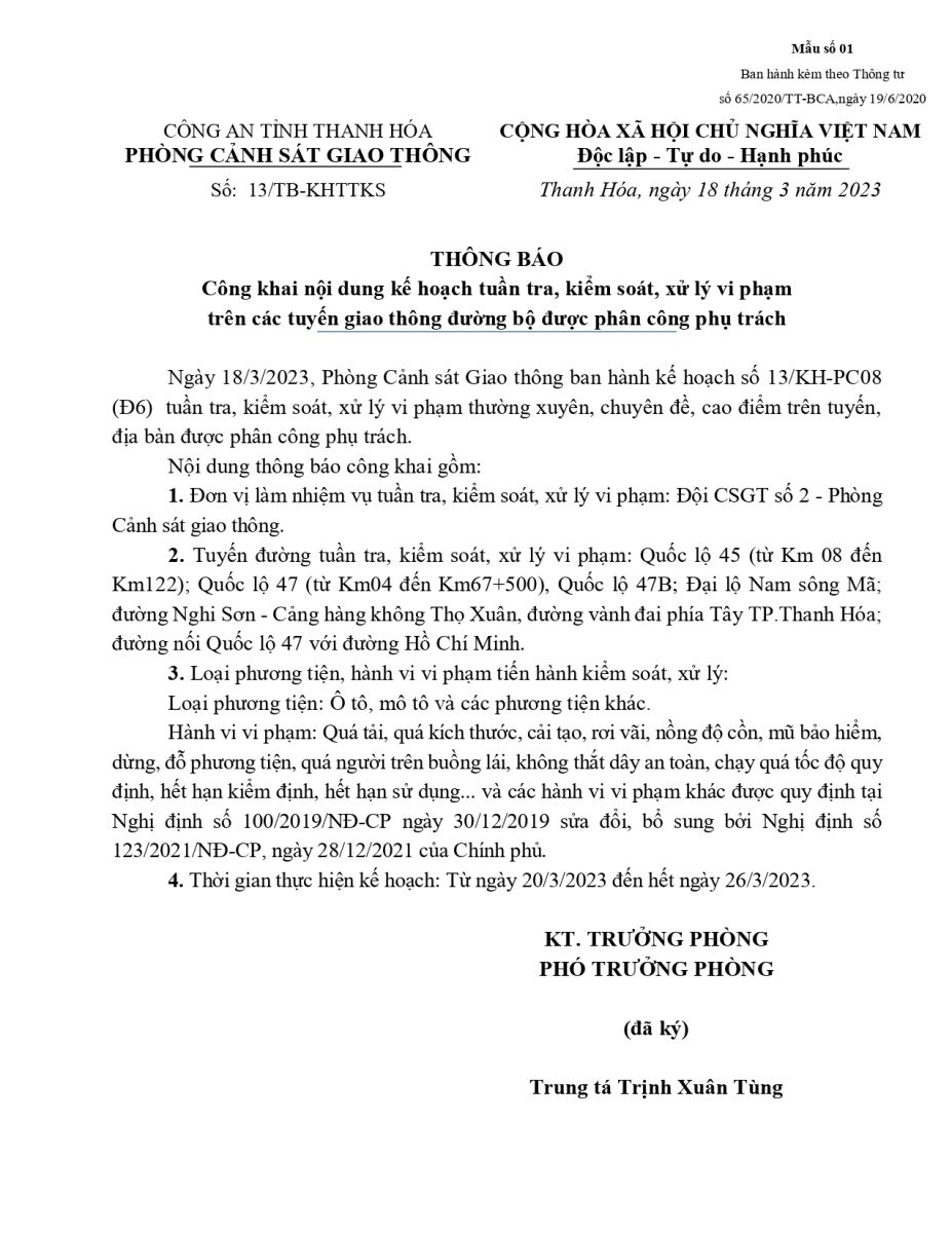 Thông báo công khai nội dung Kế hoạch Tuần tra kiểm soát trên tuyến của Đội CSGT số 2 Phòng PC08 (từ ngày 20/03/2023 đến hết ngày 26/03/2023)