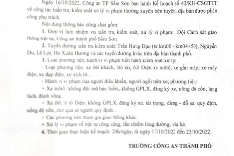 Kế hoạch tuần tra kiểm soát xử lý vi phạm TTATGT trên địa bàn thành phố Sầm Sơn từ ngày 17/10/2022-23/10/2022