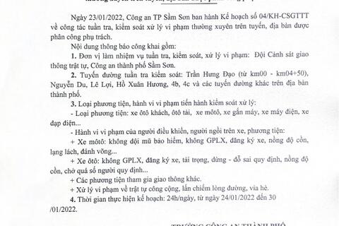 Kế hoạch tuần tra kiểm soát xử lý vi phạm TTATGT trên địa bàn thành phố Sầm Sơn