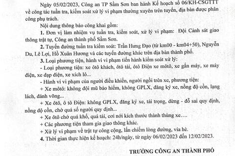 Kế hoạch tuần tra kiểm soát xử lý vi phạm TTATGT trên địa bàn thành phố Sầm Sơn từ 06/2/2023/12/2/2023