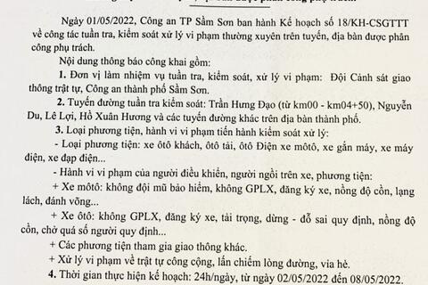 Kế hoạch tuần tra kiểm soát xử lý vi phạm TTATGT trên địa bàn thành phố Sầm Sơn từ ngày 02/5/2022-08/5/2022