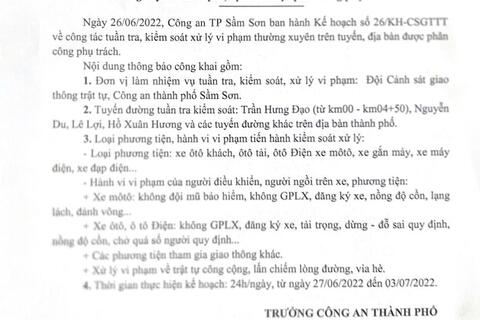 Kế hoạch tuần tra kiểm soát xử lý vi phạm TTATGT trên địa bàn thành phố Sầm Sơn từ ngày 27/6/2022-03/7/2022