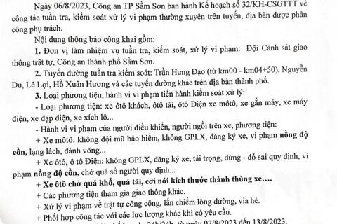 Kế hoạch tuần tra kiểm soát xử lý vi phạm TTATGT trên địa bàn thành phố Sầm Sơn từ ngày 07/8/2023 đến 13/8/2023