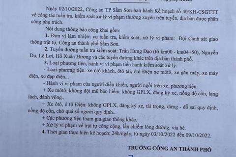 Kế hoạch tuần tra kiểm soát xử lý vi phạm TTATGT trên địa bàn thành phố Sầm Sơn từ ngày 3/10/2022-09/10/2022