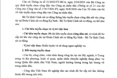 THÔNG BÁO: Tuyển chọn công dân nữ vào công tác tại Đoàn Cảnh sát cơ động Ky binh - Bộ Tư lệnh Cảnh sát cơ động