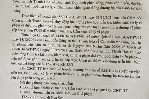 Kế hoạch TTKS công khai của công an thị xã Bỉm Sơn từ 21/02/2022 đến ngày 27/02/2022
