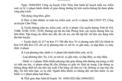 Công khai kế hoạch TTKS và XLVP của Công an huyện Cẩm Thủy từ ngày 18/04/2022 đến ngày 24/04/2022
