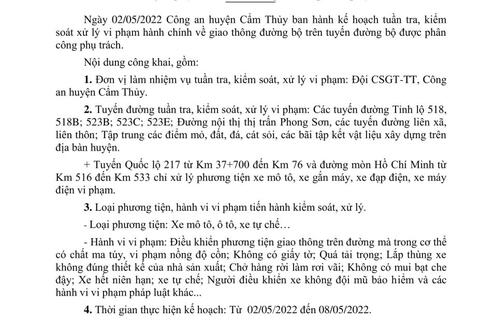 Công khai nội dung kế hoạch TTKS, XLVP của Công an huyện Cẩm Thủy từ ngày 02/05/2022 đến ngày 08/05/2022