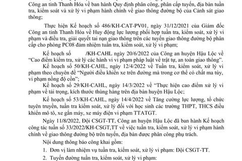 Công an huyện Hậu Lộc: Thông báo công khai Kế hoạch tuần tra xử lý vi phạm từ 12/8/2022 đến 18/8/2022