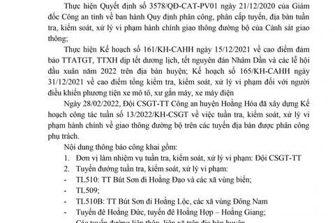 thông báo công khai kế hoạch TTKS từ ngày 28/2 đến hết ngày 06/03/2021 của Công an huyện Hoằng Hoá