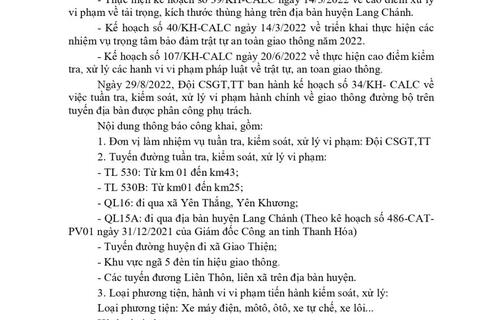 Công an huyện Lang Chánh thông báo nội dung công khai TTKS từ ngày 29/8 - 04/9/2022