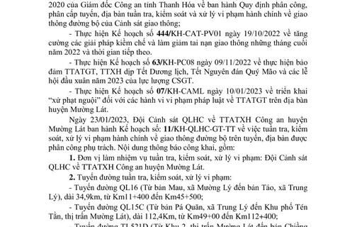Thông báo công khai nội dung TTKS, XLVP của Đội Cảnh sát QLHC về TTATXH Công an huyện Mường Lát (Từ ngày 23/01/2023 đến 29/01/2023)