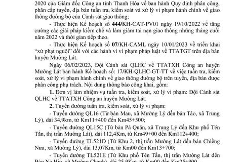 Thông báo công khai nội dung TTKS, XLVP của Đội Cảnh sát QLHC về TTATXH Công an huyện Mường Lát (Từ ngày 06/02/2023 đến 12/02/2023)