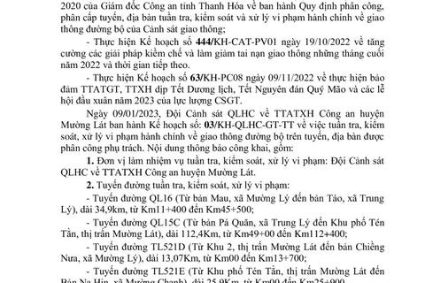 Thông báo công khai nội dung TTKS, XLVP của Đội Cảnh sát QLHC về TTATXH Công an huyện Mường Lát (Từ ngày 09/01/2023 đến 15/01/2023)