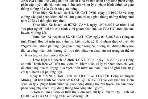 Thông báo công khai nội dung TTKS, XLVP của Đội Cảnh sát QLHC về TTATXH Công an huyện Mường Lát (Từ ngày 01/5/2023 đến 07/5/2023)