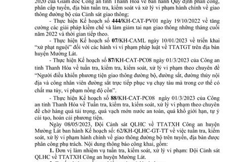 Thông báo công khai nội dung TTKS, XLVP của Đội Cảnh sát QLHC về TTATXH, Công an huyện Mường Lát (Từ ngày 08/5/2023 đến 14/5/2023)
