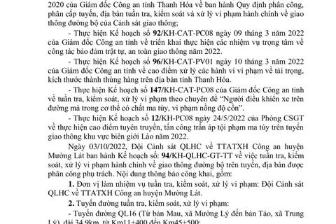 Thông báo công khai nội dung TTKS, XLVP của Đội Cảnh sát QLHC về TTATXH Công an huyện Mường Lát (Từ ngày 03/10/2022 đến 09/10/2022)