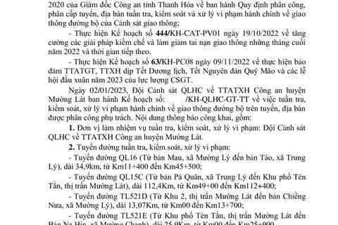 Thông báo công khai nội dung TTKS, XLVP của Đội Cảnh sát QLHC về TTATXH Công an huyện Mường Lát (Từ ngày 02/01/2023 đến 08/01/2023)