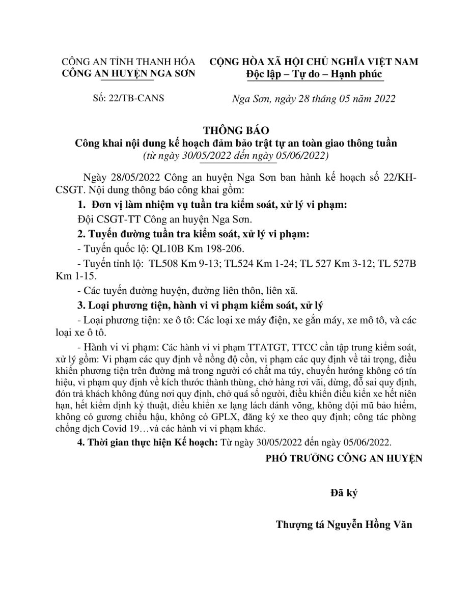 kế hoạch công tác tuần Công an huyện Nga Sơn (từ ngày 30/05/2022 đến ngày 05/06/2022)