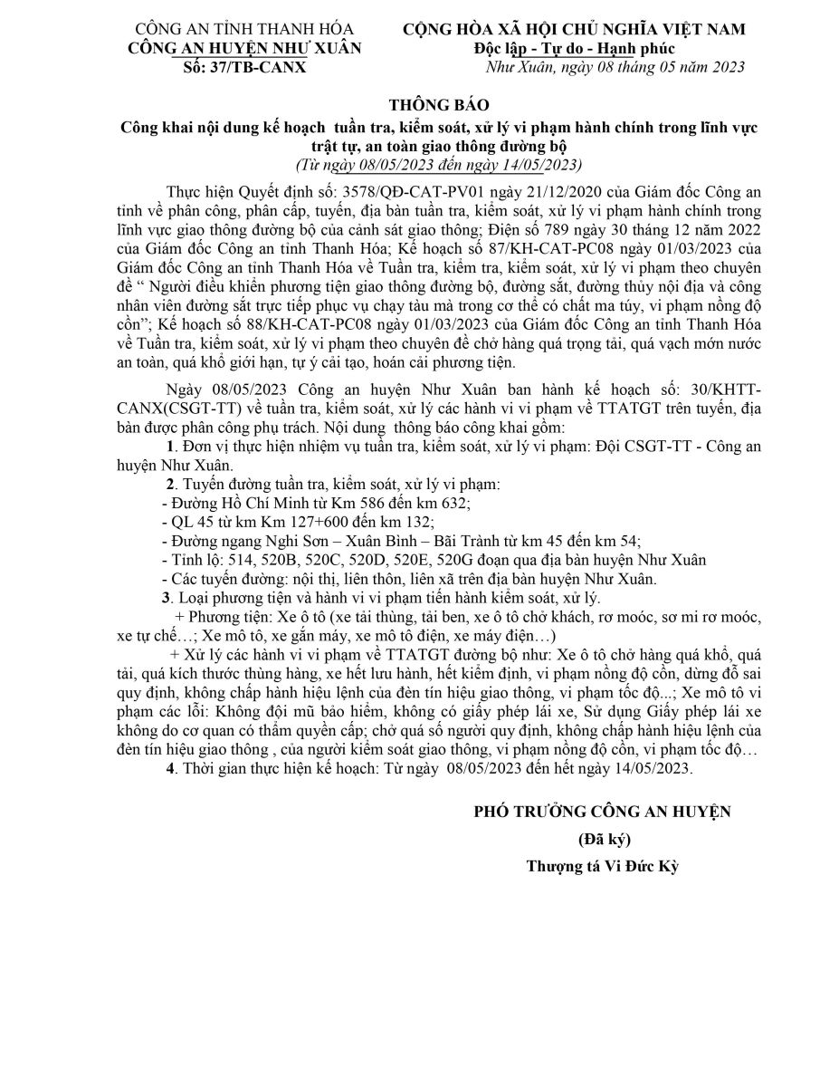 Kế hoạch tuần tra, kiểm soát xử lý vi phạm TTATGT trên địa bàn huyện Như Xuân từ ngày 08/5/2023 đến ngày 14/5/2023