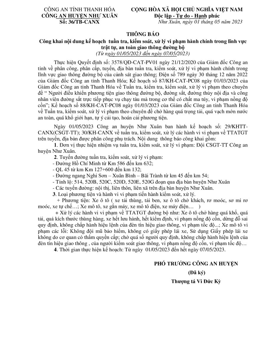 Kế hoạch tuần tra, kiểm soát xử lý vi phạm TTATGT trên địa bàn huyện Như Xuân từ ngày 01/5/2023 đến ngày 07/5/2023