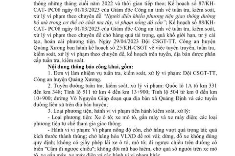 Công an huyện Quảng Xương thông báo công khai nội dung kế hoạch tuần tra kiểm soát,  xử lý vi phạm hành chính (từ ngày 01/5/2023 đến ngày 07/5/2023)