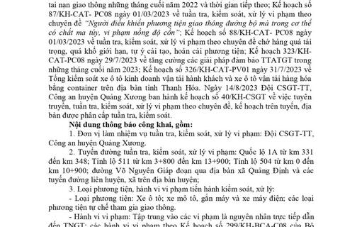 thông báo công khai nội dung kế hoạch tuần tra kiểm soát,  Xử lý vi phạm trên tuyến, trên địa bàn huyện Quảng Xương. Từ ngày 14/8/2023 đến ngày 20/8/2023.