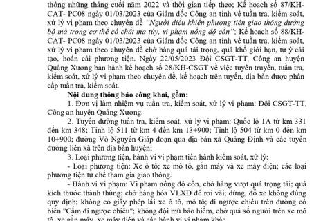 thông báo công khai nội dung kế hoạch tuần tra kiểm soát,  Xử lý vi phạm trên tuyến, trên địa bàn huyện Quảng Xương. Từ ngày 22/5/2023 đến ngày 28/5/2023.