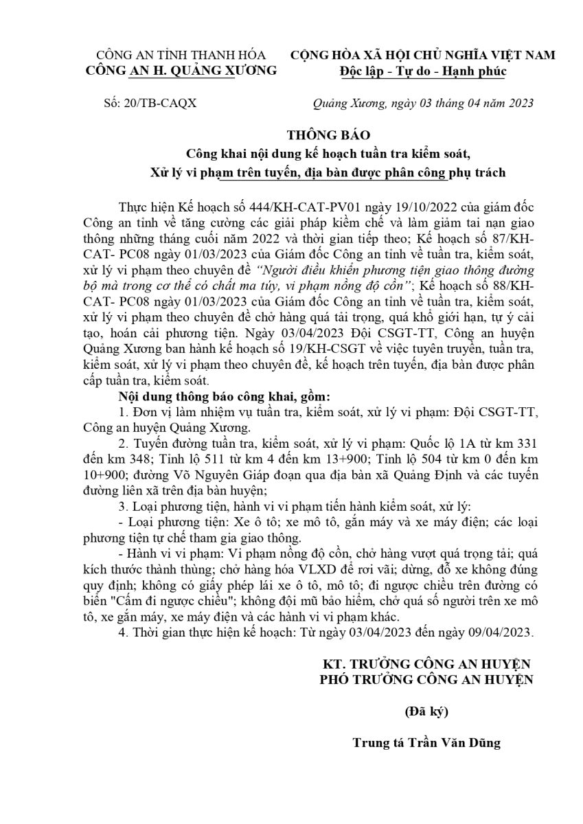 Công an huyện Quảng Xương Công khai nội dung kế hoạch tuần tra kiểm soát,  Xử lý vi phạm trên tuyến, địa bàn được phân công phụ trách  từ ngày 03/04/2023 đến ngày 09/04/2023