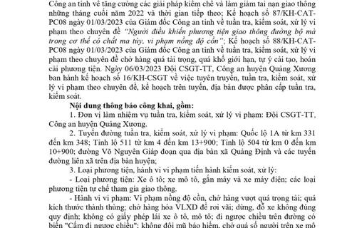 thông báo lịch tuần tra kiểm soát từ ngày 06 đến ngày 12 tháng 03 năm 2023