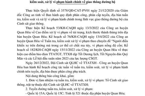 Kế hoạch TTKS, XLVPHC  - Công an huyện Quan Hóa từ ngày 26/12/2022 đến 01/01/2022