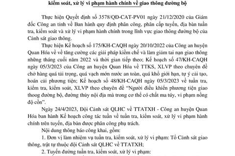 Kế hoạch TTKS, XLVPHC về giao thông đường bộ của Đội CSGT - Công an huyện Quan Hoá ( từ ngày 24/4/2023 đến ngày 30/4/2024)