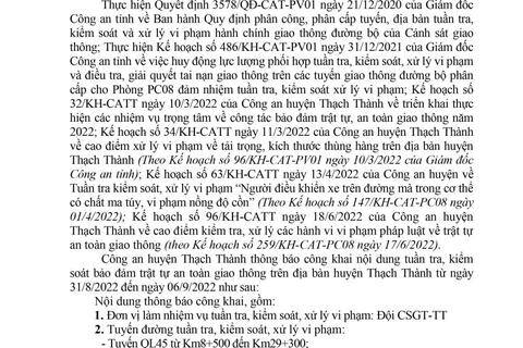 Công an huyện Thạch Thành thông báo  công khai nội dung kế hoạch tuần tra, kiểm soát,  xử lý vi phạm hành chính về giao thông đường bộ (từ ngày 31/8 đến 06/9/2022)