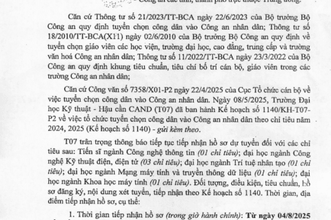 Thông báo kế hoạch tuyển chọn công dân vào CAND