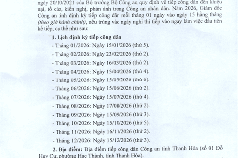Thông báo lịch tiếp công dân định kỳ năm 2026 của Giám đốc Công an tỉnh Thanh Hóa