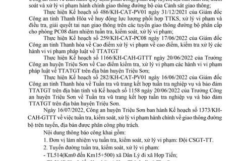 Công an huyện Triệu Sơn thông báo công khai nội dung kế hoạch TTKS, xử lý vi phạm về giao thông đường bộ (từ ngày 18/07/2022 đến 24/07/2022)