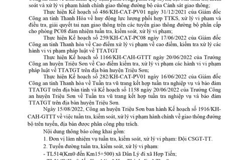 Công an huyện Triệu Sơn thông báo công khai nội dung kế hoạch TTKS, xử lý vi phạm về giao thông đường bộ (từ ngày 22/08/2022 đến 28/08/2022)