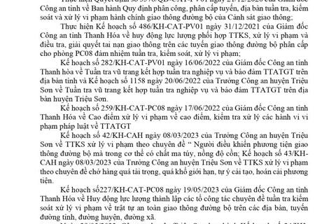 Công an huyện Triệu Sơn thông báo công khai nội dung kế hoạch TTKS, xử lý vi phạm về giao thông đường bộ (từ ngày 29/05/2023 đến ngày 04/06/2023)
