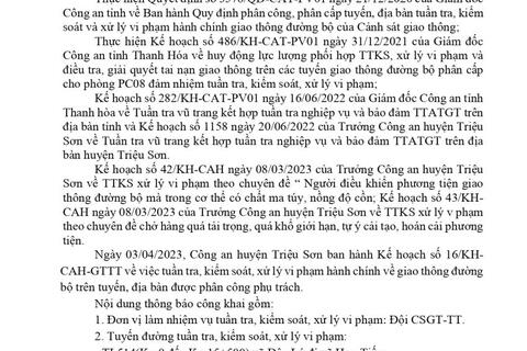 Công an huyện Triệu Sơn thông báo công khai nội dung kế hoạch TTKS, xử lý vi phạm về giao thông đường bộ (từ ngày 03/04/2023 đến ngày 09/04/2023)