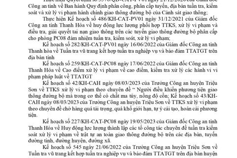 Công an huyện Triệu Sơn thông báo công khai nội dung kế hoạch TTKS, xử lý vi phạm về giao thông đường bộ (từ ngày 03/07/2023 đến ngày 09/07/2023)