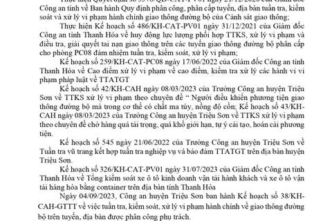 Công an huyện Triệu Sơn thông báo công khai nội dung kế hoạch TTKS, xử lý vi phạm về giao thông đường bộ (từ ngày 04/09/2023 đến ngày 10/09/2023)