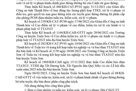 Công an huyện Triệu Sơn thông báo công khai nội dung kế hoạch TTKS, xử lý vi phạm về giao thông đường bộ (từ ngày 06/02/2023 đến 12/02/2023)