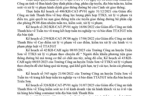 Công an huyện Triệu Sơn thông báo công khai nội dung kế hoạch TTKS, xử lý vi phạm về giao thông đường bộ (từ ngày 07/08/2023 đến ngày 13/08/2023)