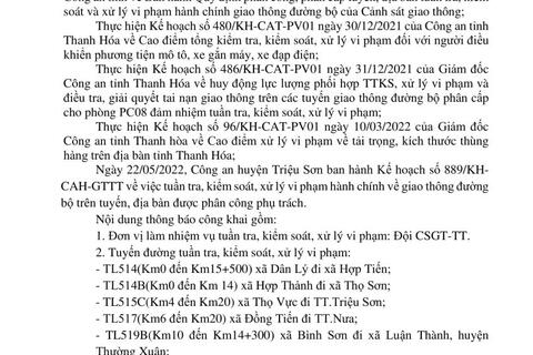 Công an huyện Triệu Sơn thông báo công khai nội dung kế hoạch TTKS, xử lý vi phạm về giao thông đường bộ (từ ngày 23/05/2022 đến 29/05/2022)