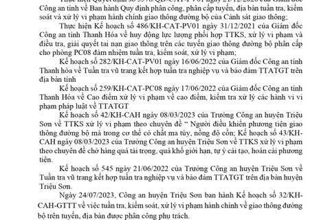 Công an huyện Triệu Sơn thông báo công khai nội dung kế hoạch TTKS, xử lý vi phạm về giao thông đường bộ (từ ngày 24/07/2023 đến ngày 3007/2023)