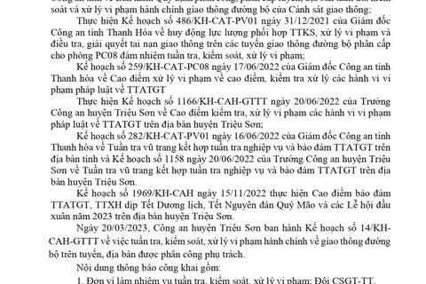 Công an huyện Triệu Sơn thông báo công khai nội dung kế hoạch TTKS, xử lý vi phạm về giao thông đường bộ (từ ngày 24/04/2023 đến ngày 30/04/2023)